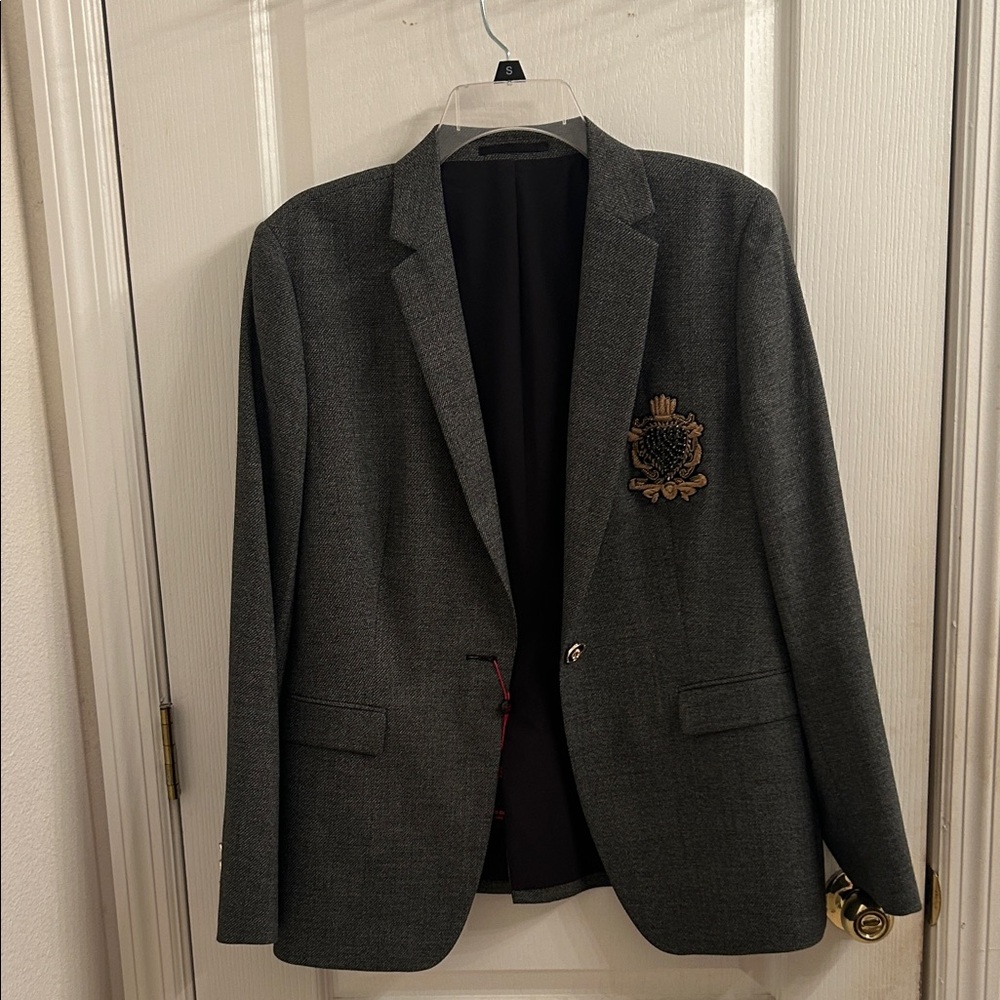 Gray Blazer with Embroidered Crest